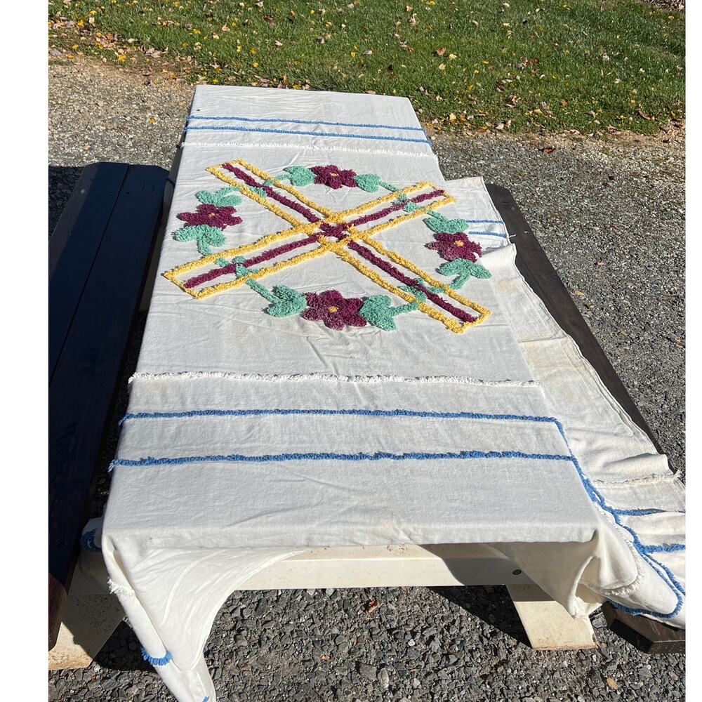 Vintage Chenille Bedspread Coverlet Twin 72x98 Floral Cottage Cutter Crafts